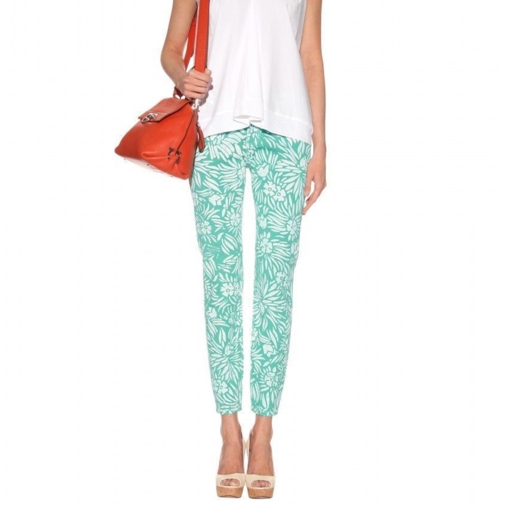 DVF x Current/Elliott Mint Green Tropical Painted Ankle Jeans Size 27‎ MSRP $258